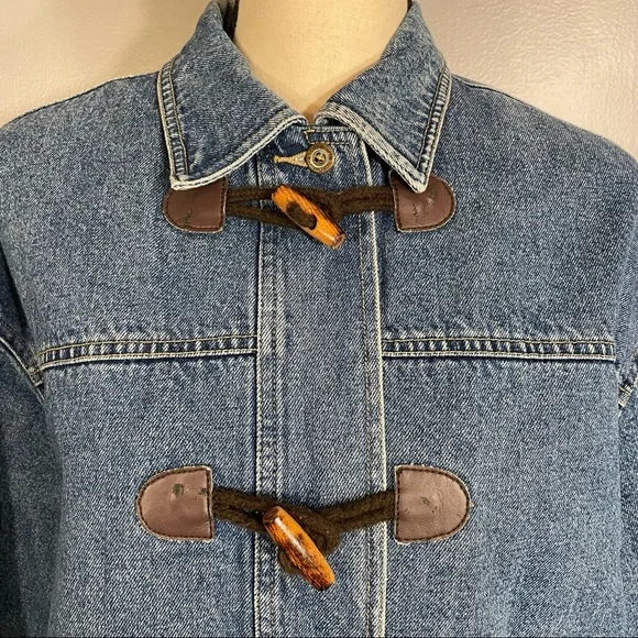 Vintage Liz Claiborne Toggle Heavy Plaid Lined 100% Cotton Jean Jacket Coat Sz M - Picture 2 of 16